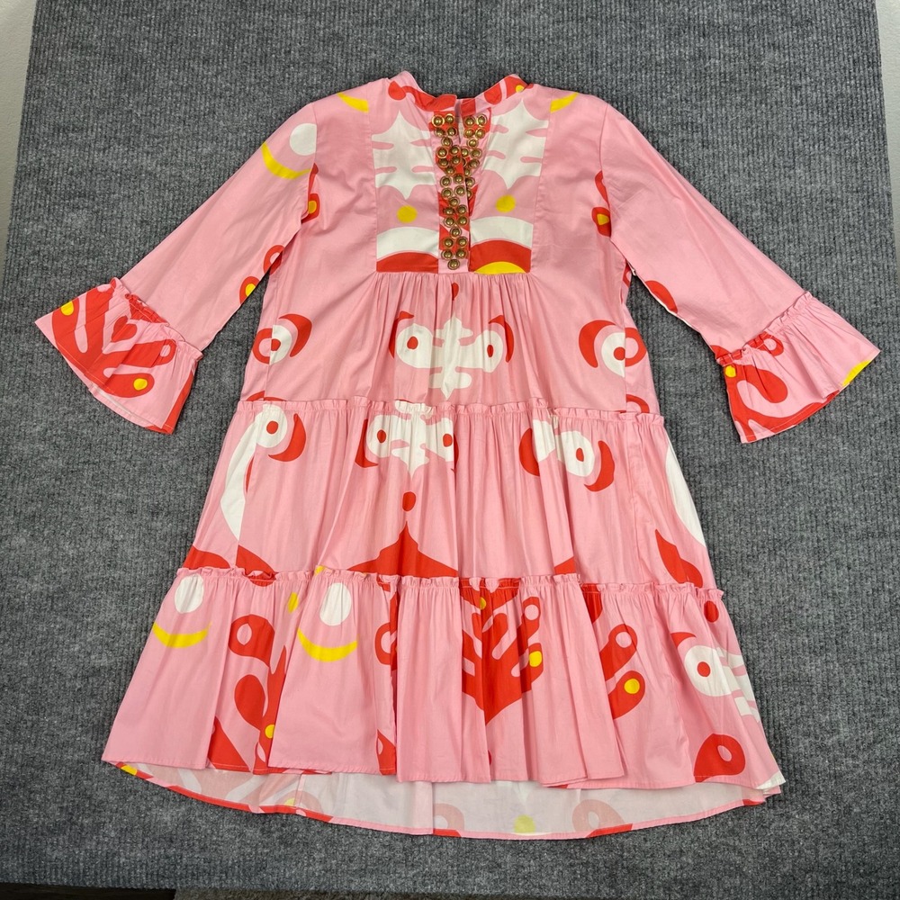 Sheridan French Caty Dress Womens‎ L Coral Pink Abstract Tiered Mini Bell Sleeve